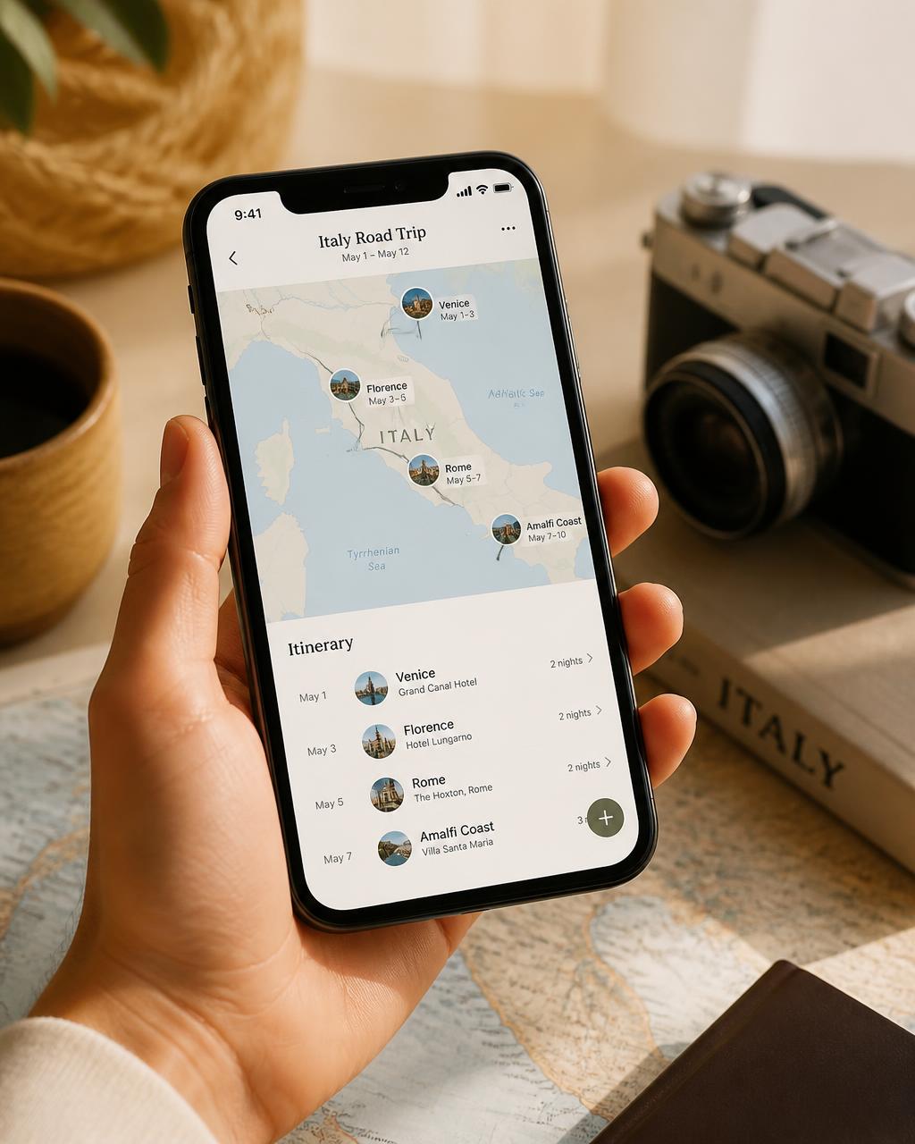 Phone showing a live travel itinerary map