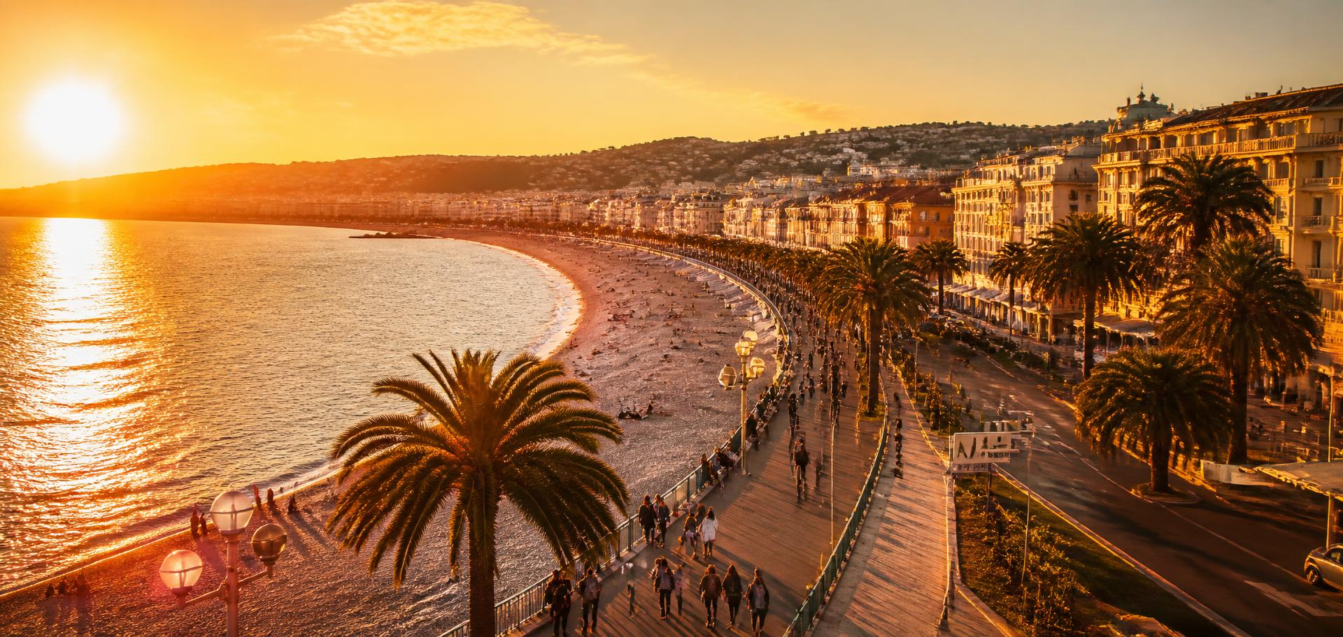 Golden-hour view over the Nice promenade